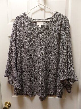 *EUC* Belle by Kim Gravel XL 18 20 BLACK WHITE DOTS Flutter-Sleeve V-Neck Blouse